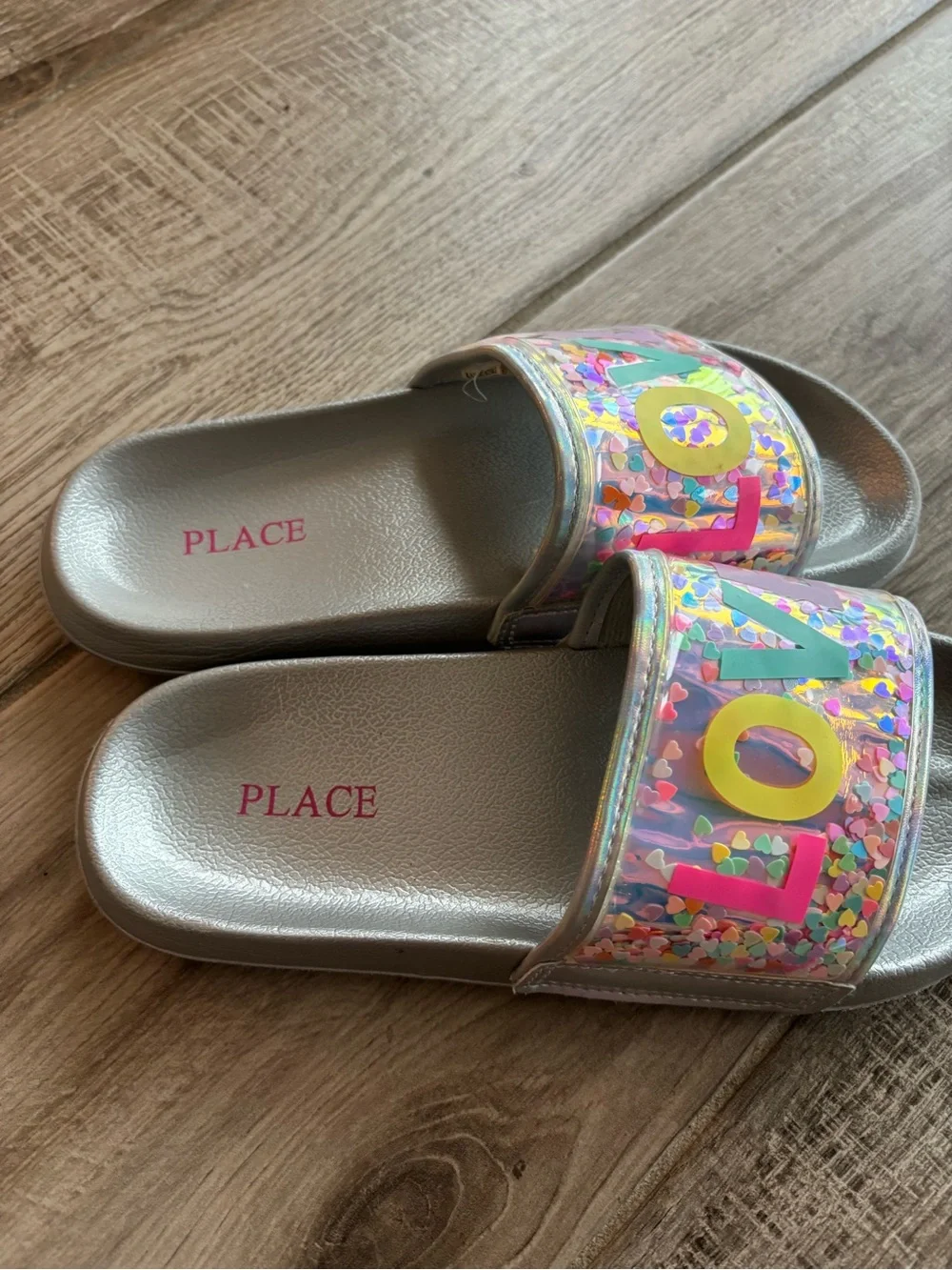 Place Girls' Silver Slide Sandals with Multicolor 'LOVE' Glitter Strap